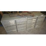 NV- 2 small grey painted printers cabinets each with 10 type drawers & 1 non-related display /