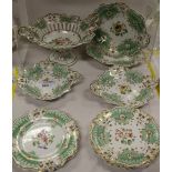 NV- a green and white floral patterned 8 piece of fruit set and a similar comport