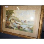NV: 1 gilt framed water colour painted in naive style of a ship wreck with figures by E Wright