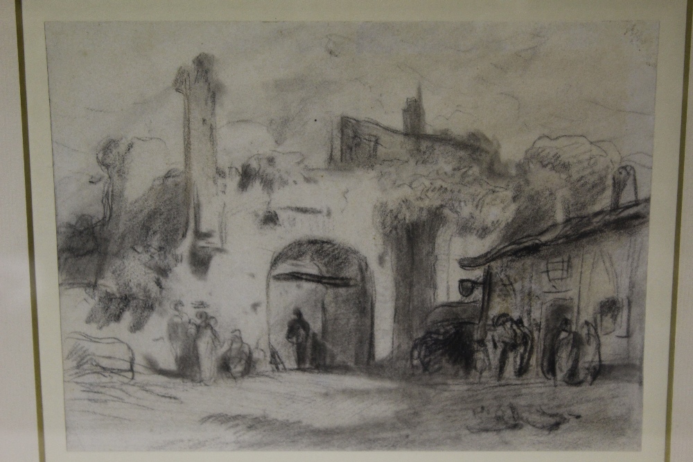 NV: 1 framed picture in black chalk “Gateway to a town with figures” by Rowland Alston (noted - Image 2 of 5