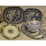 NV- 2 large blue and white willow pattern meat plates, two other large decorative meat plates and
