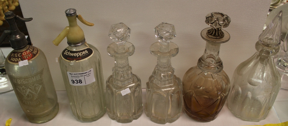 NV- 4 misc. decorative cut glass decanters and 2 old soda siphons