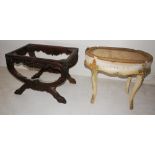 NV- A small carved oak stool with no seat and an un-upholstered oval dressing stool