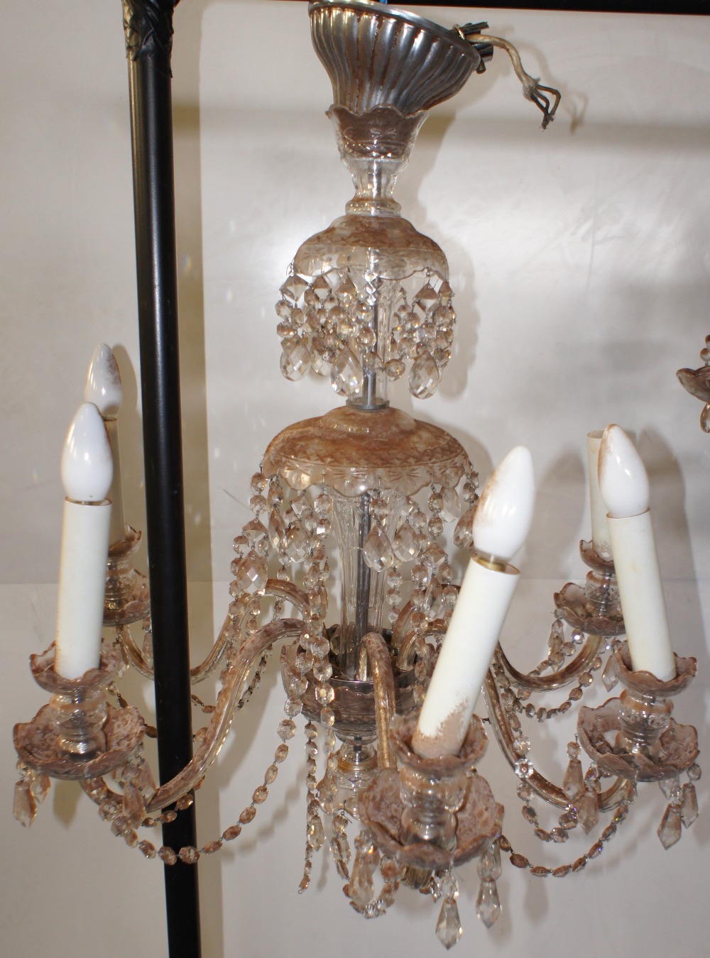 NV- 2 similar highly decorative multi arm glass electric chandeliers with cut glass droplets