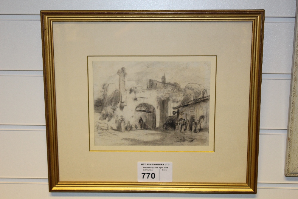 NV: 1 framed picture in black chalk “Gateway to a town with figures” by Rowland Alston (noted