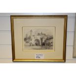 NV: 1 framed picture in black chalk “Gateway to a town with figures” by Rowland Alston (noted