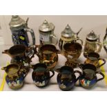 NV- 8 misc. decorative bronze lustre jugs and for small decorative beer steins