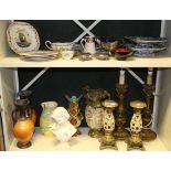 NV- 2 shelves of misc. decorative ornaments, jugs, vases, chinaware and trinkets etc