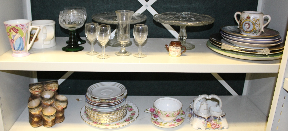 NV- 2 shelves of misc. decorative china and glassware