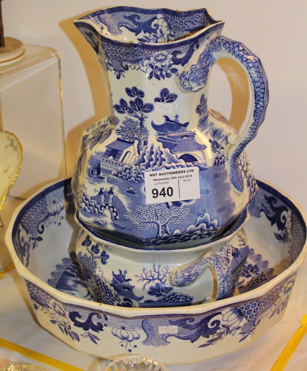 NV- a large blue and white willow pattern Masons jug and basin set with chamber pot