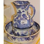 NV- a large blue and white willow pattern Masons jug and basin set with chamber pot