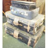 NV- two leather cabin trunks a small suitcase and a metal box