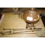 NV- an old copper samovar and a three piece Brass fire iron set