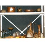 NV- 2 shelves of misc. decorative copper and brass ornaments