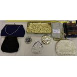 NV- a tartan hip flask, a pr. of lady’s evening gloves, 5 decorative beaded evening bags and 2