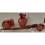 NV- a cranberry glass jug with reeded handle, decorative cranberry glass ewer and a large