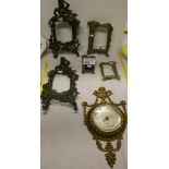 NV- a brass cased aneroid barometer and 5 misc. decorative brass and bronze picture frames