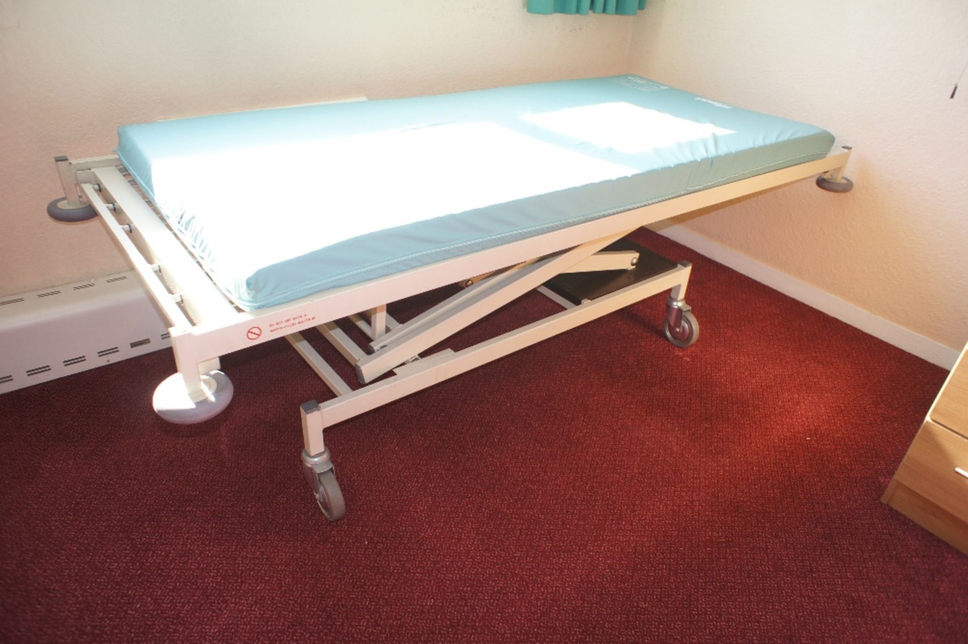 1 manually operated rise and fall patient bed with pressure reducing mattress (located in room 43)