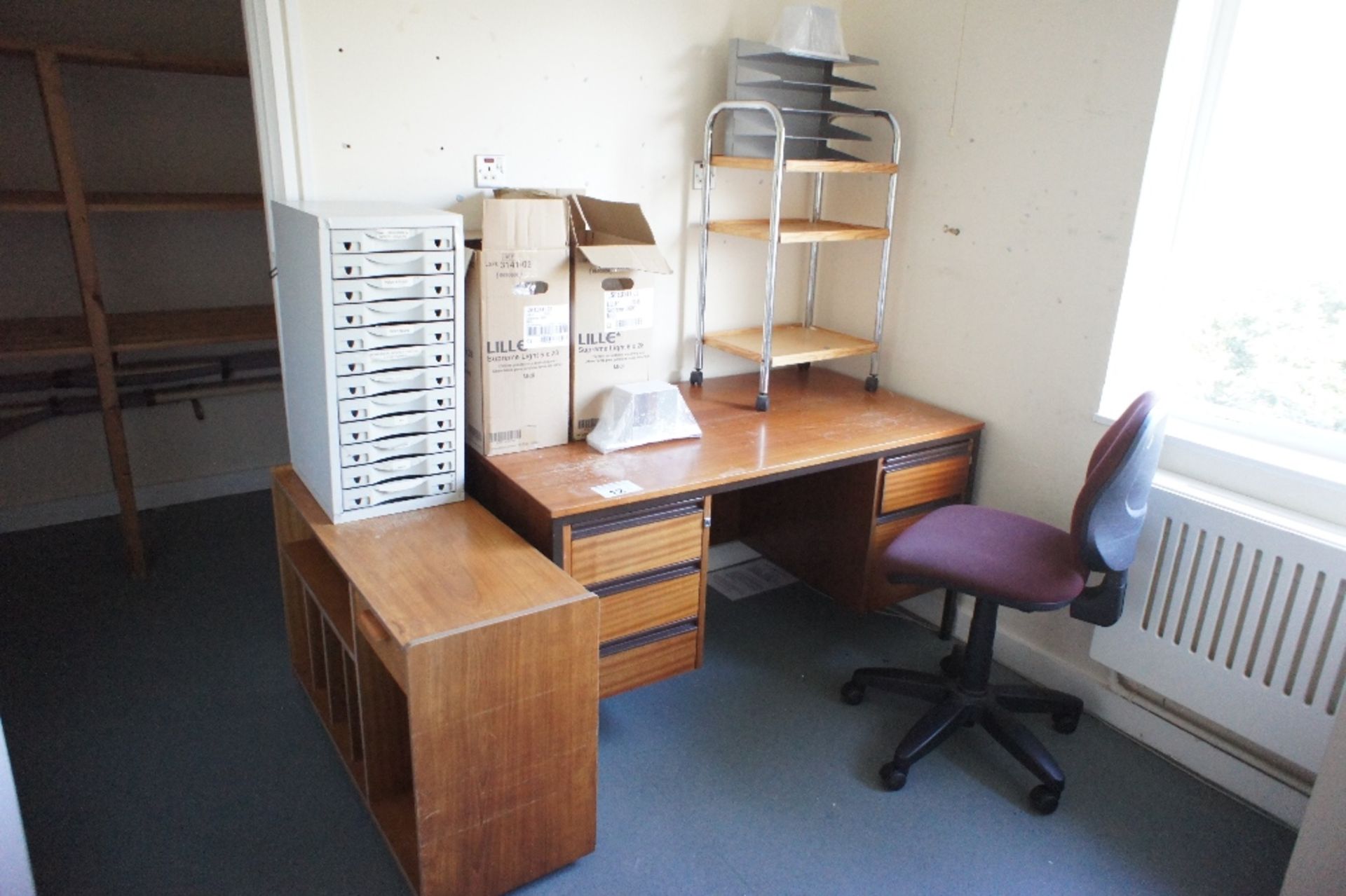 1 metal four drawer filing cabinet, a wooden office desk and a quantity of miscellaneous office