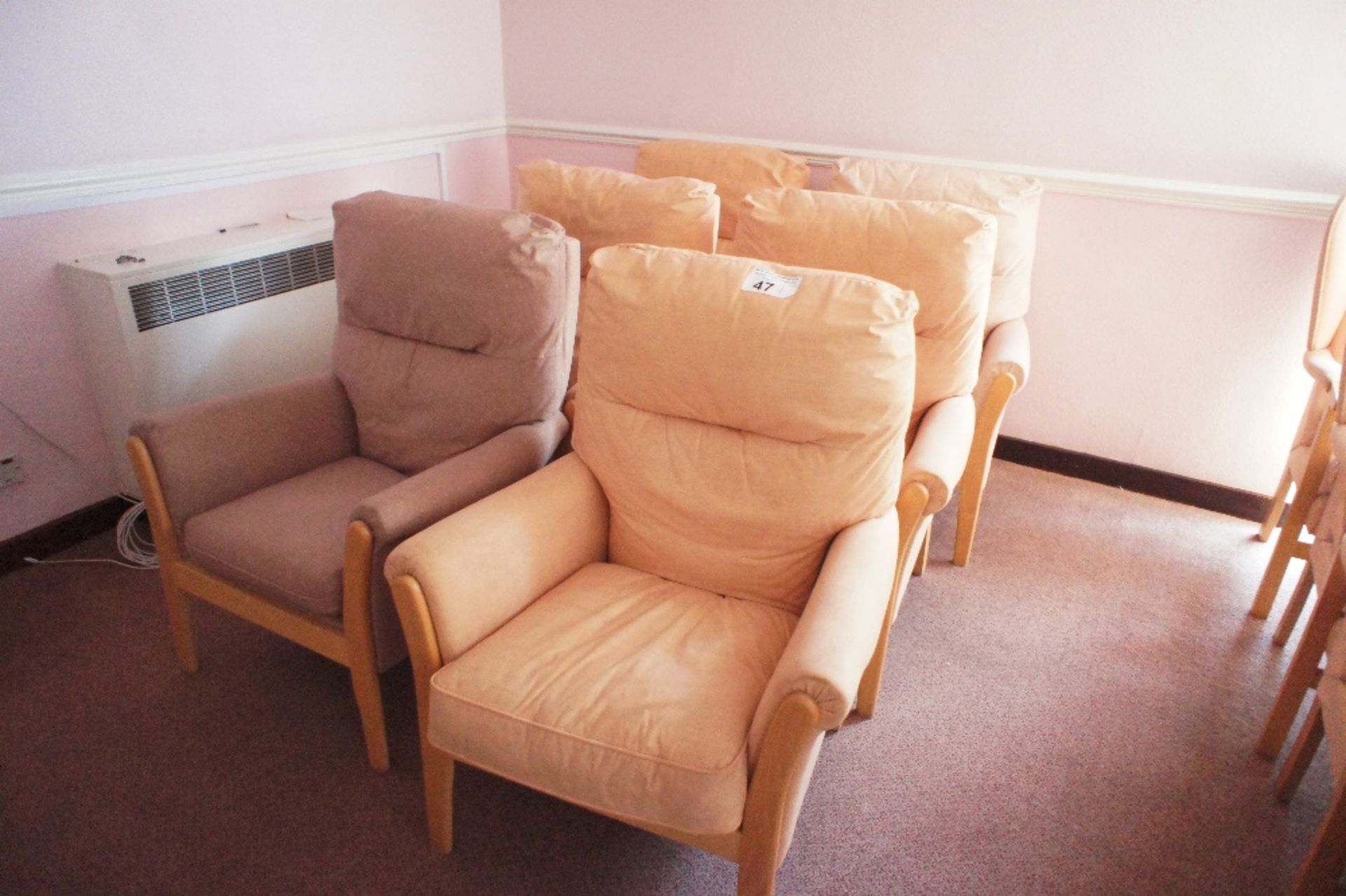 6 similar yellow easy clean upholstered armchairs (located in room 18, Davey Court)