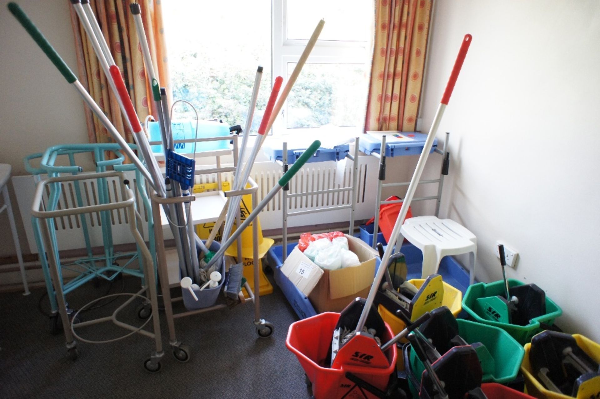 a quantity of miscellaneous cleaner’s equipment including; mobile buckets, and warning signs, mops - Image 2 of 2