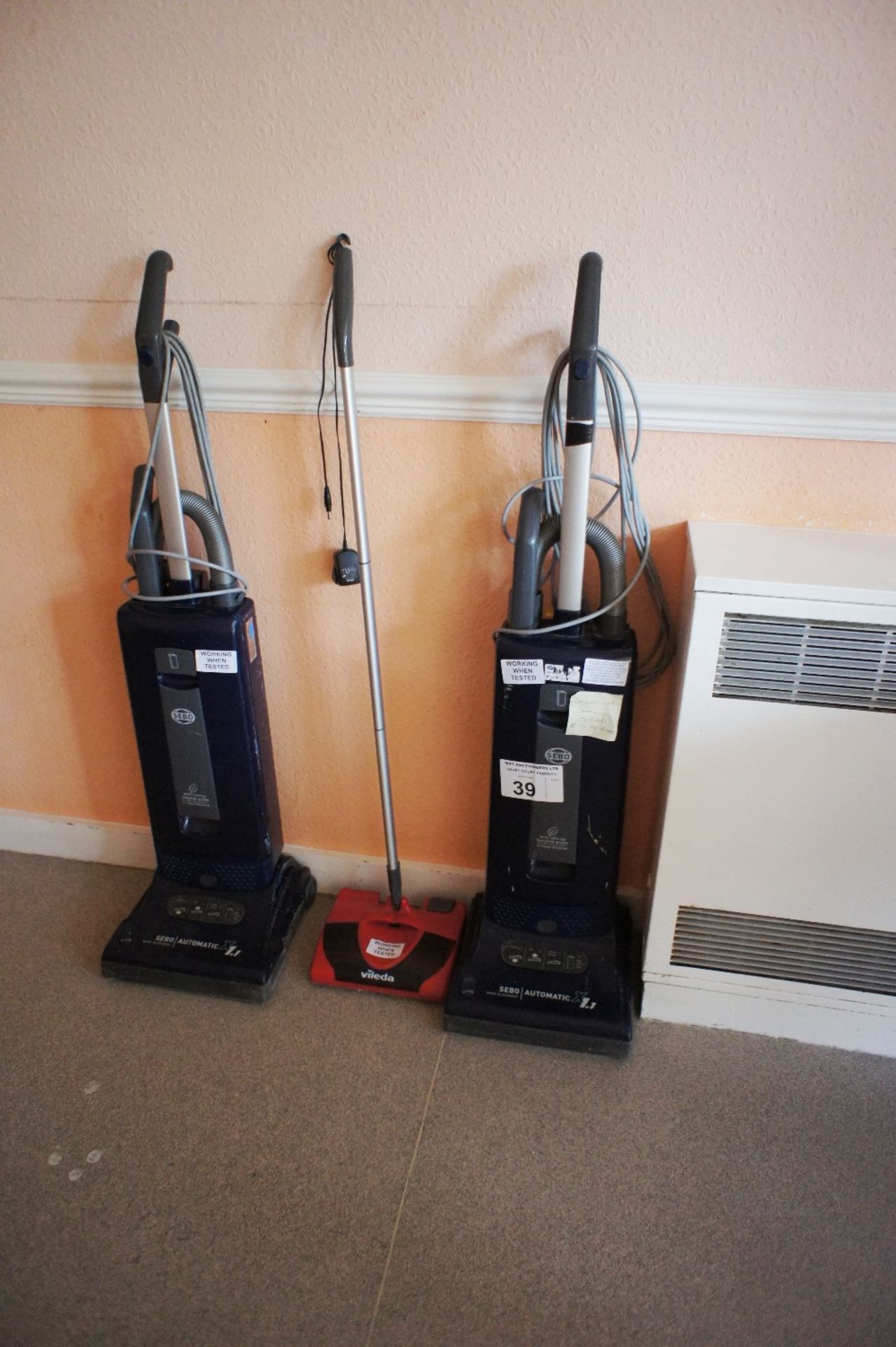 2 SEBO automatic X1.1 upright vacuum cleaners and 1 Vileda mattress sweeper (located in room 17,