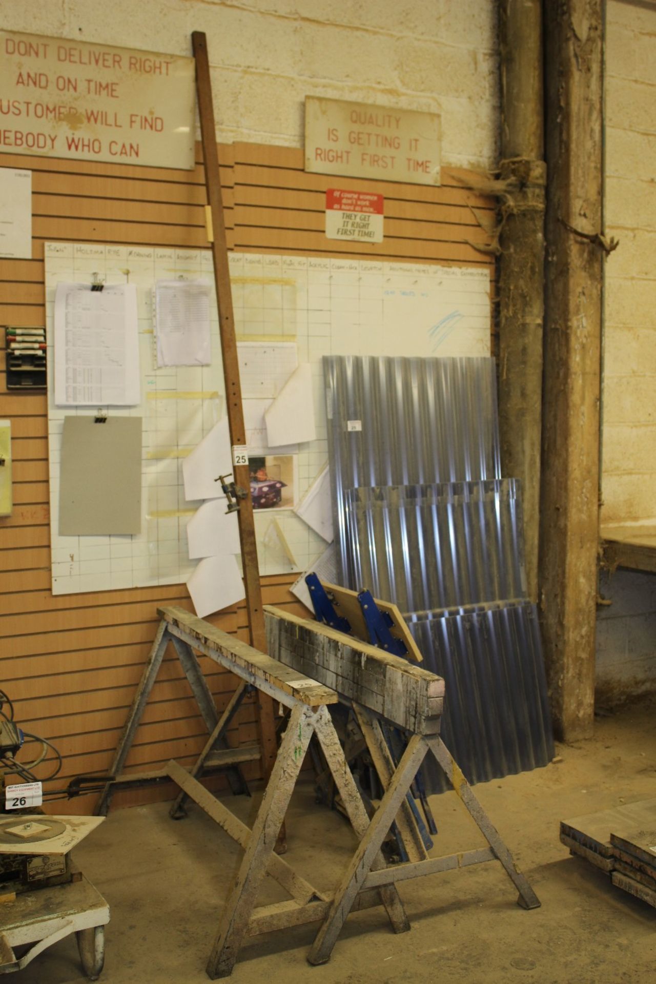 2 metal framed trestles, 2 small folding work benches, a qty of plastic roofing sheet off cuts & 1