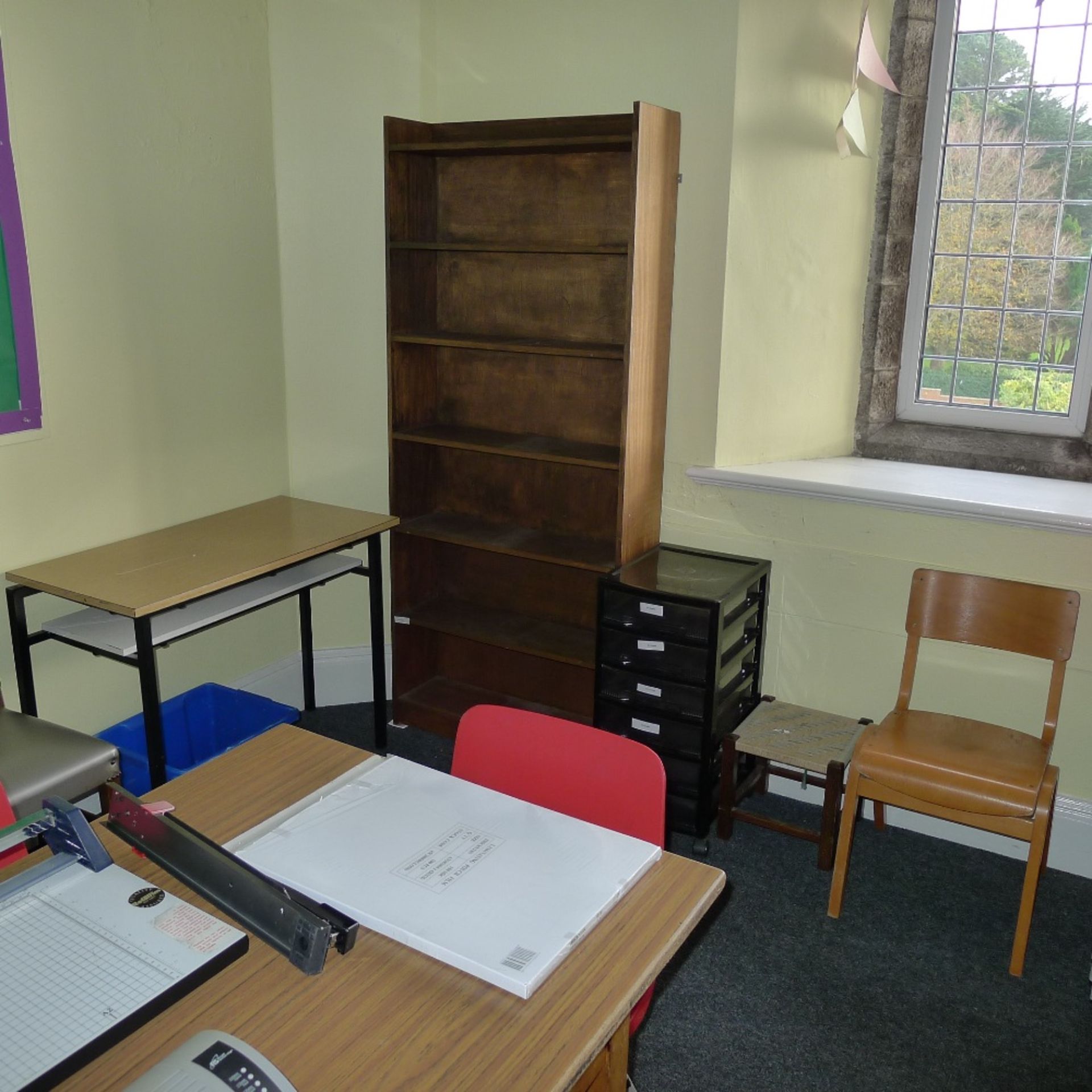 a qty. of misc. school furniture and equipment including; tables, chairs, guillotine and - Image 3 of 6