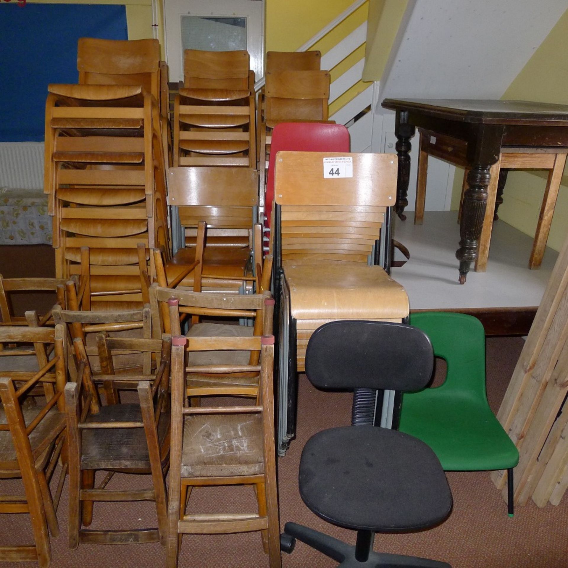 16 folding student’s tables, 10 folding benches and a qty. of misc. child’s stacking chairs and - Image 3 of 4