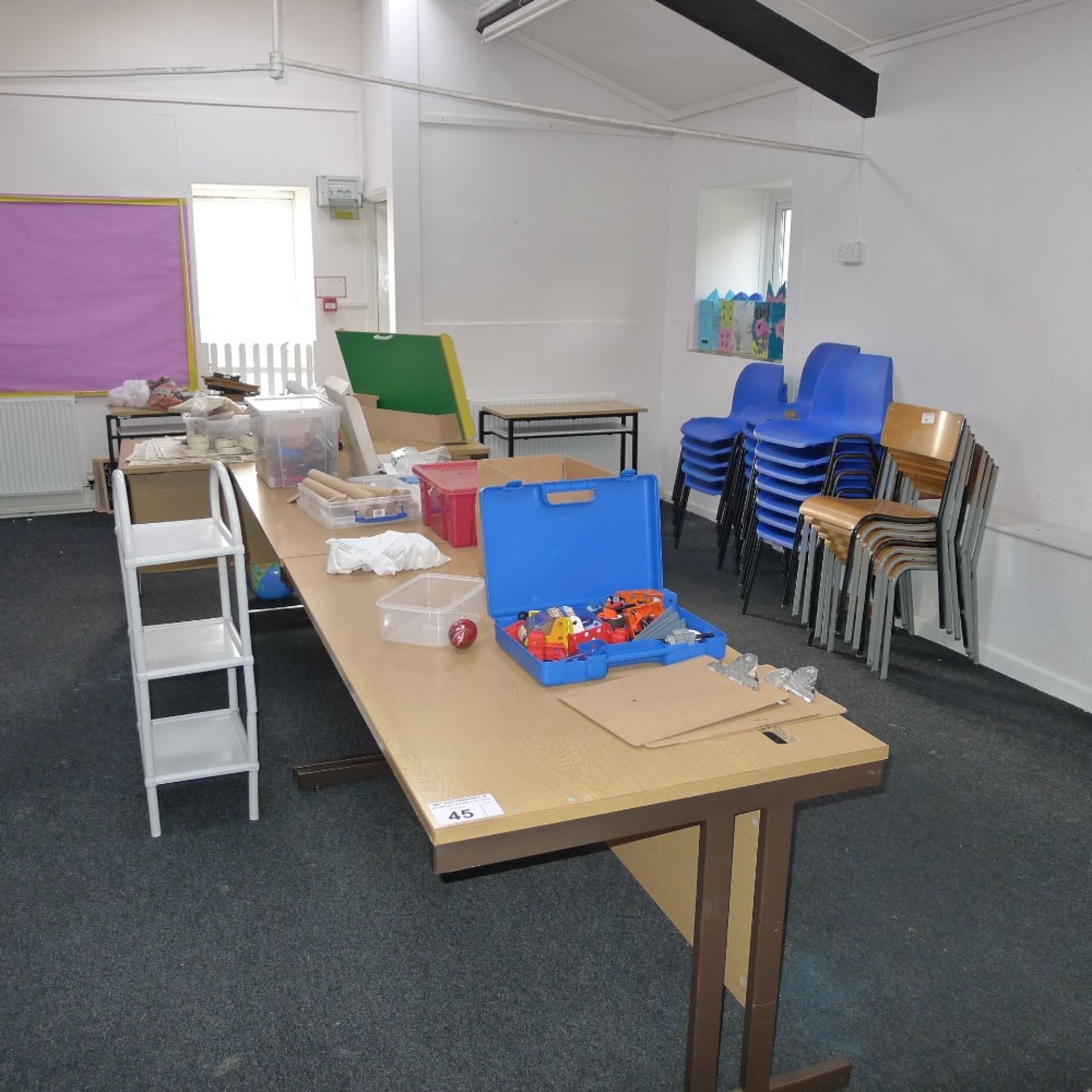 a large qty. of misc. school room tables, desks, chairs and art materials etc. (located in nursery