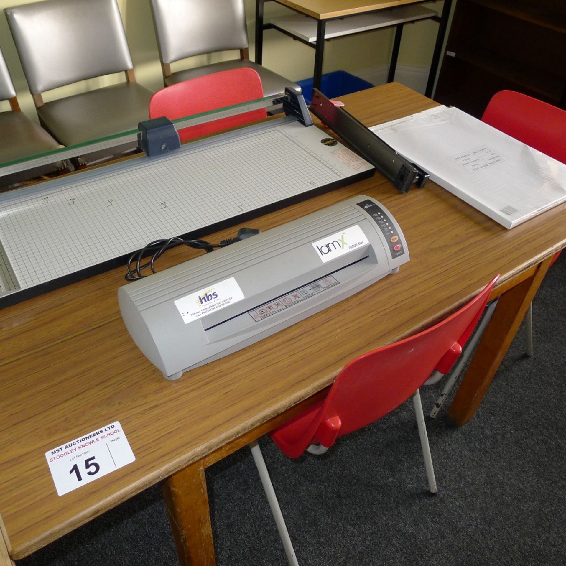 a qty. of misc. school furniture and equipment including; tables, chairs, guillotine and - Image 2 of 6