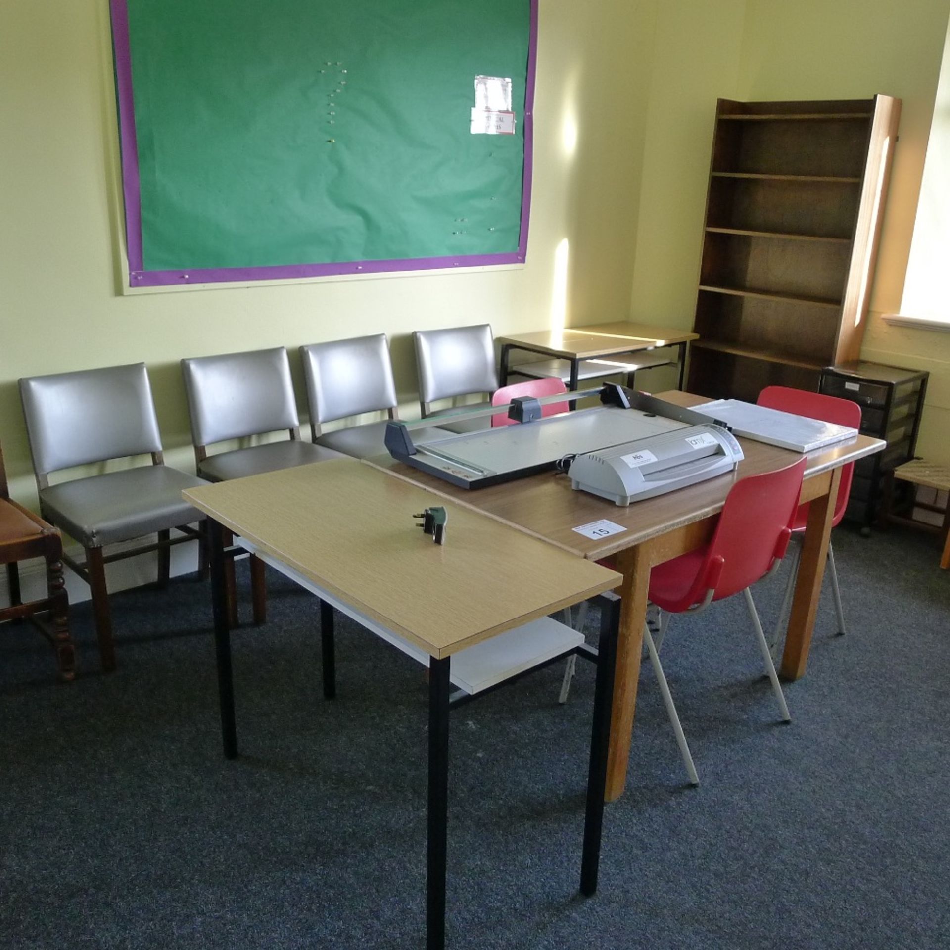 a qty. of misc. school furniture and equipment including; tables, chairs, guillotine and