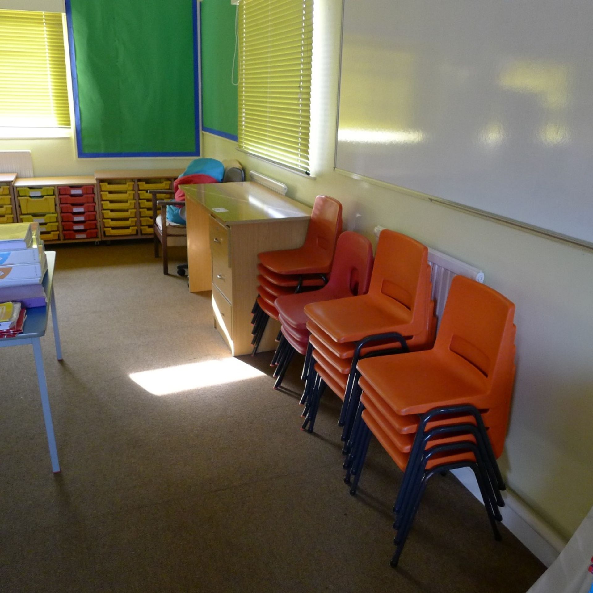 a qty. of misc junior school furniture and equipment including; tables, chairs and storage trays