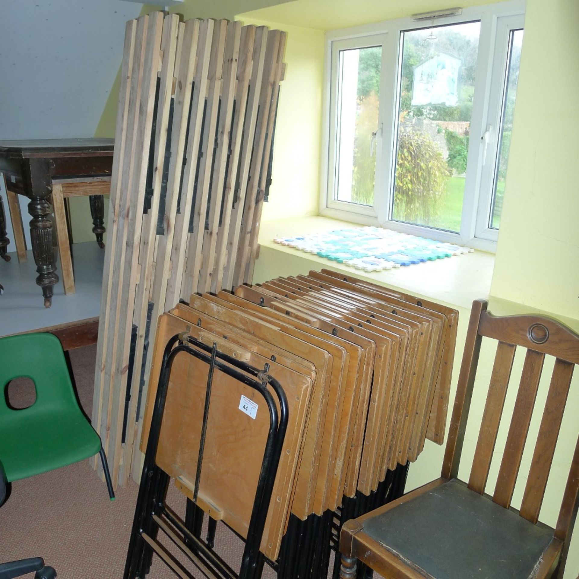 16 folding student’s tables, 10 folding benches and a qty. of misc. child’s stacking chairs and - Image 2 of 4