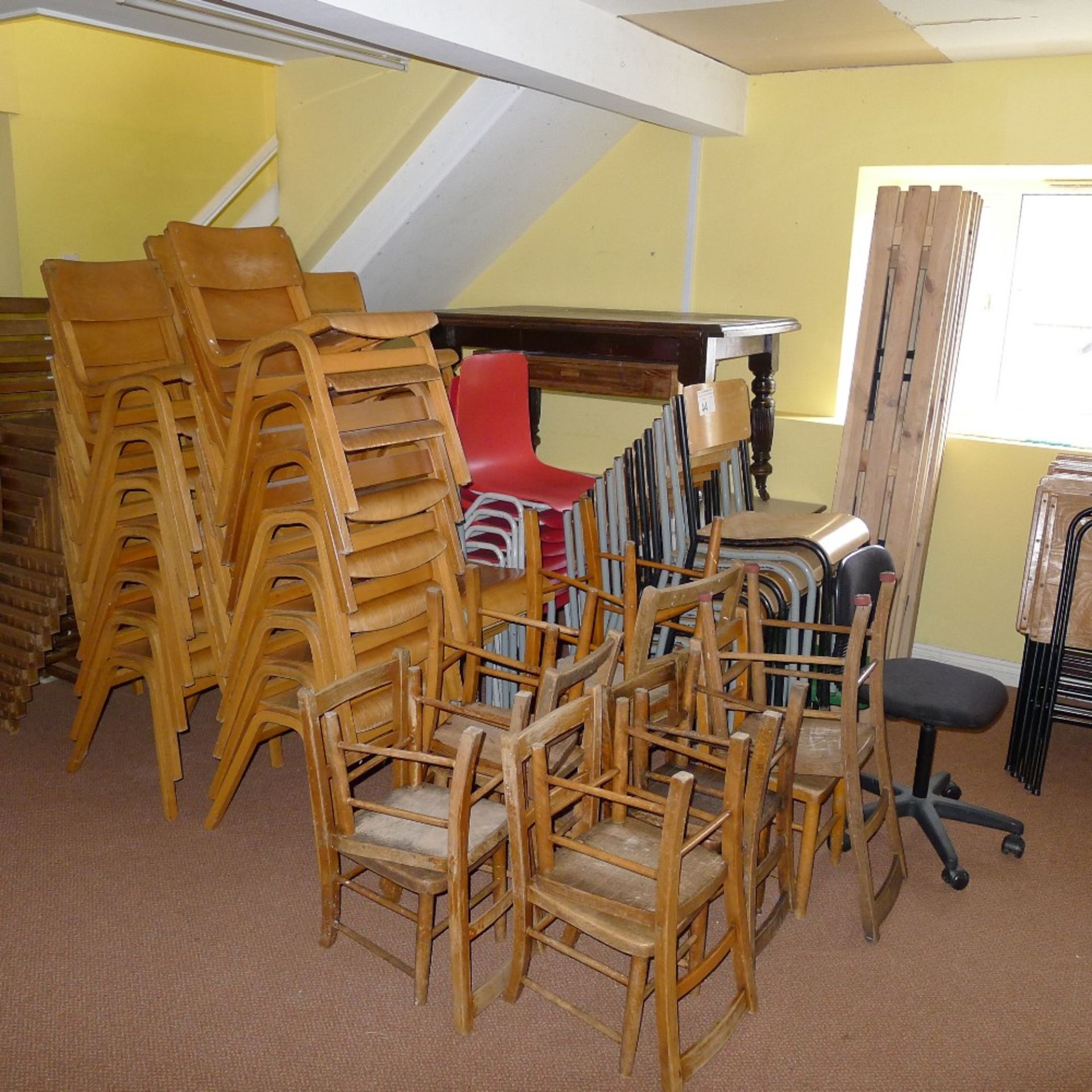 16 folding student’s tables, 10 folding benches and a qty. of misc. child’s stacking chairs and