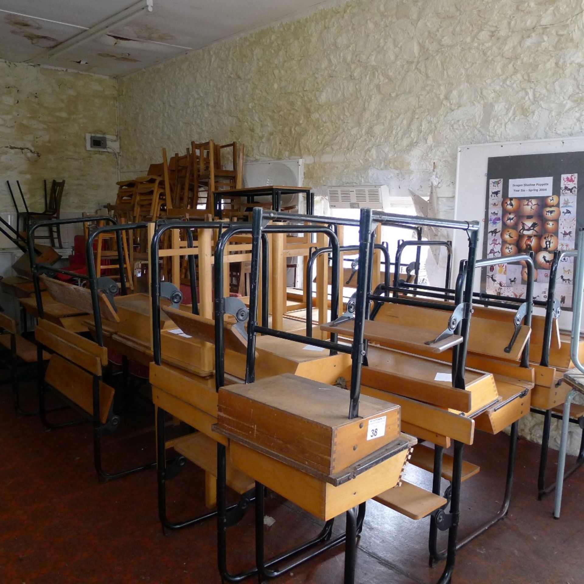 a large qty. of misc. wooden school desks, tables and chairs etc. (located in junior art room)