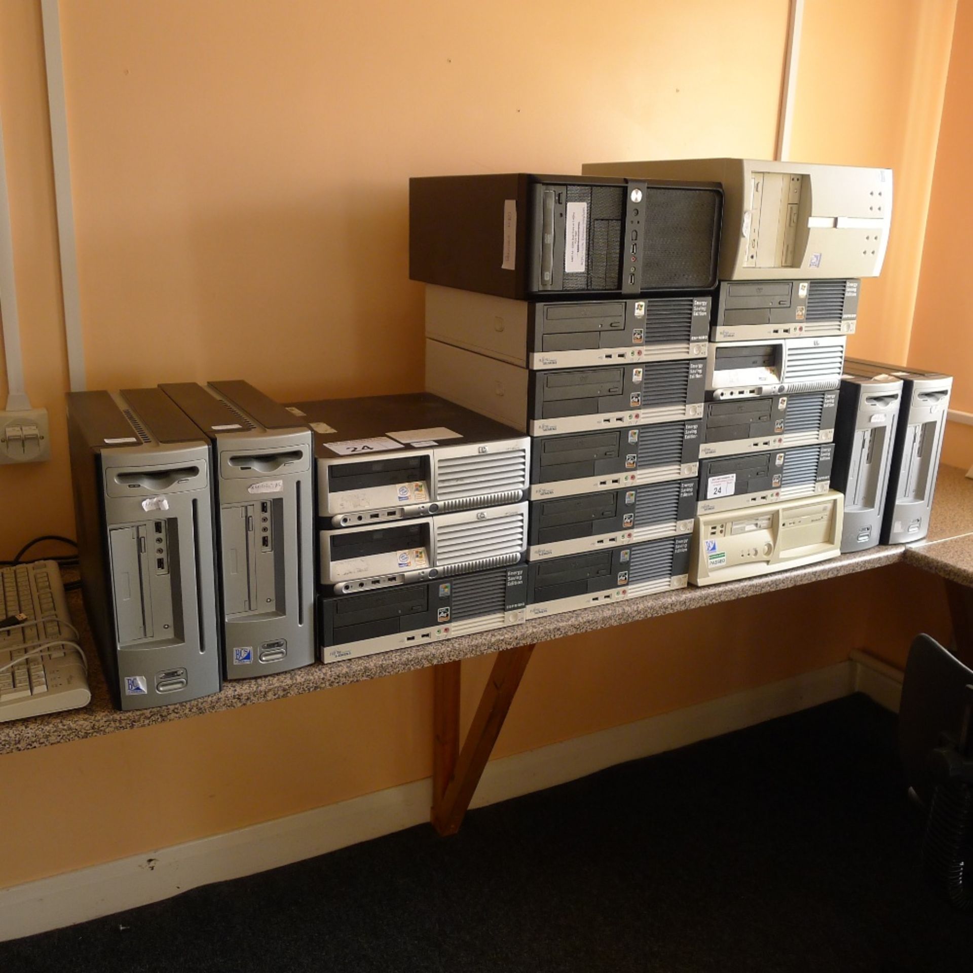 19 various desktop computers (no screens, keyboards, mice or operating systems) (located in junior