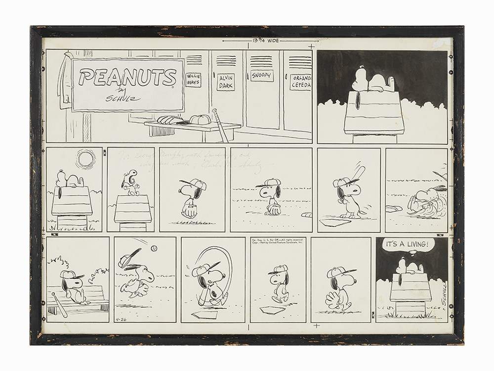 Schulz, Original Peanuts Snoopy Baseball Strip, U.S.A., 1964  Pen and ink on illustrator’s story