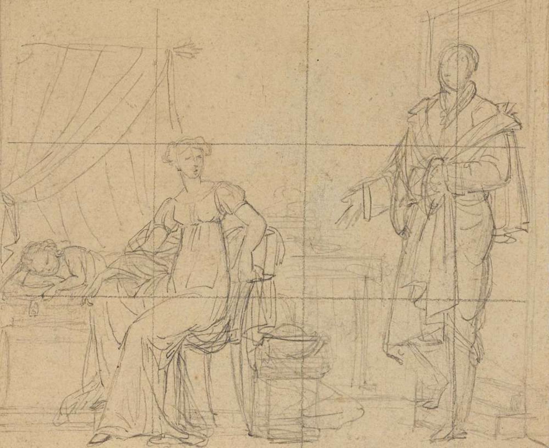 Frankreich Anfang 19. Jh.  Eltern am Bett eines Kindes  Bleistiftzeichnung auf Bütten. 14,5 x 16,9