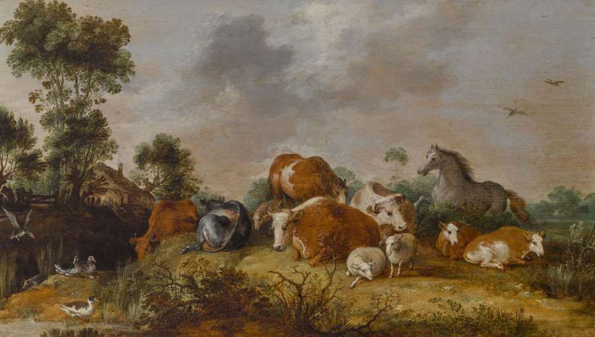 Hondecoeter, Gillis Claesz. de um 1570 Antwerpen - 1638 Amsterdam  Weidelandschaft mit Vieh, einem