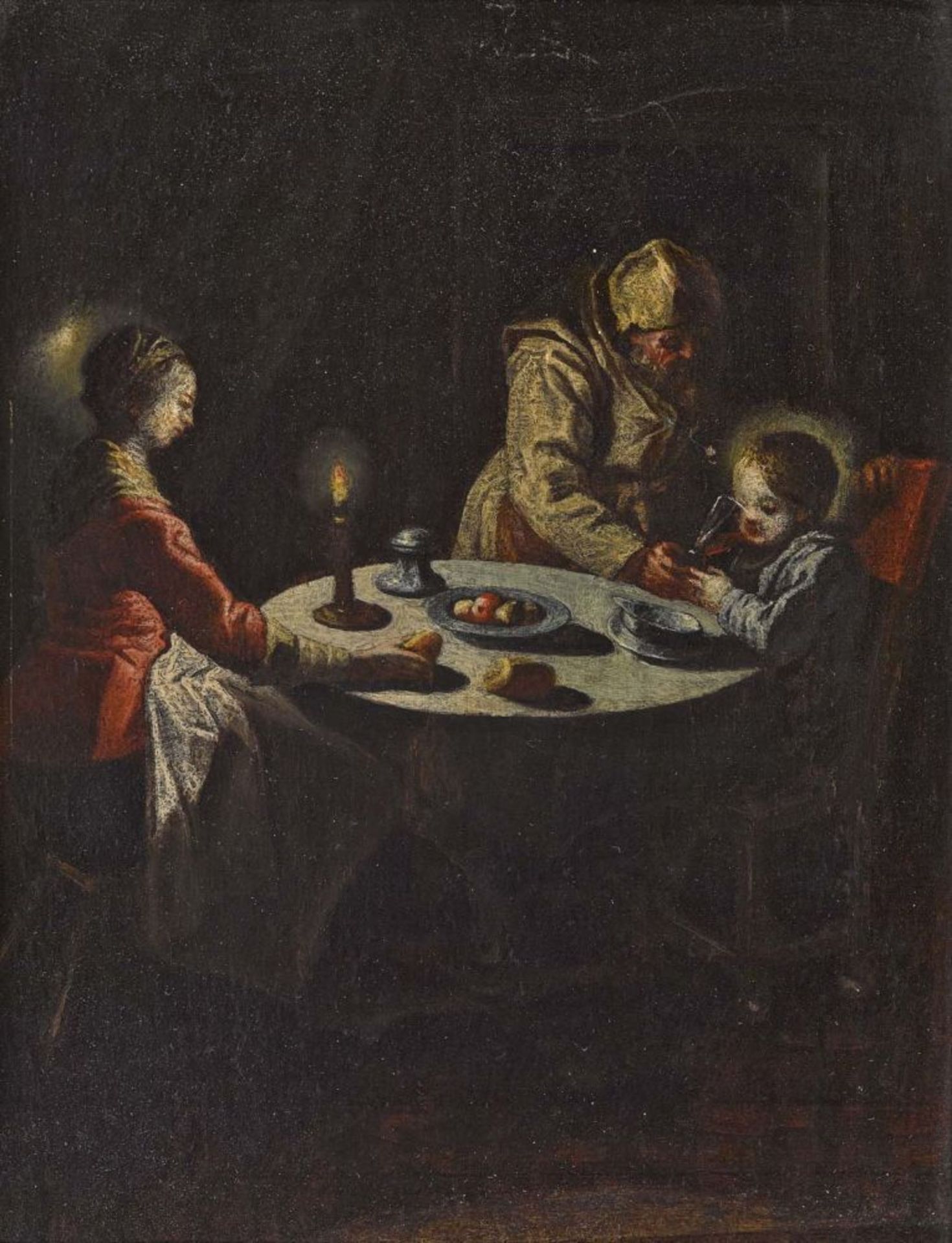 Unbekannt 18. Jh. (?)  Die Heilige Familie bei Tisch  L. u. bezeichnet "F. van Mieris". Öl auf Holz.