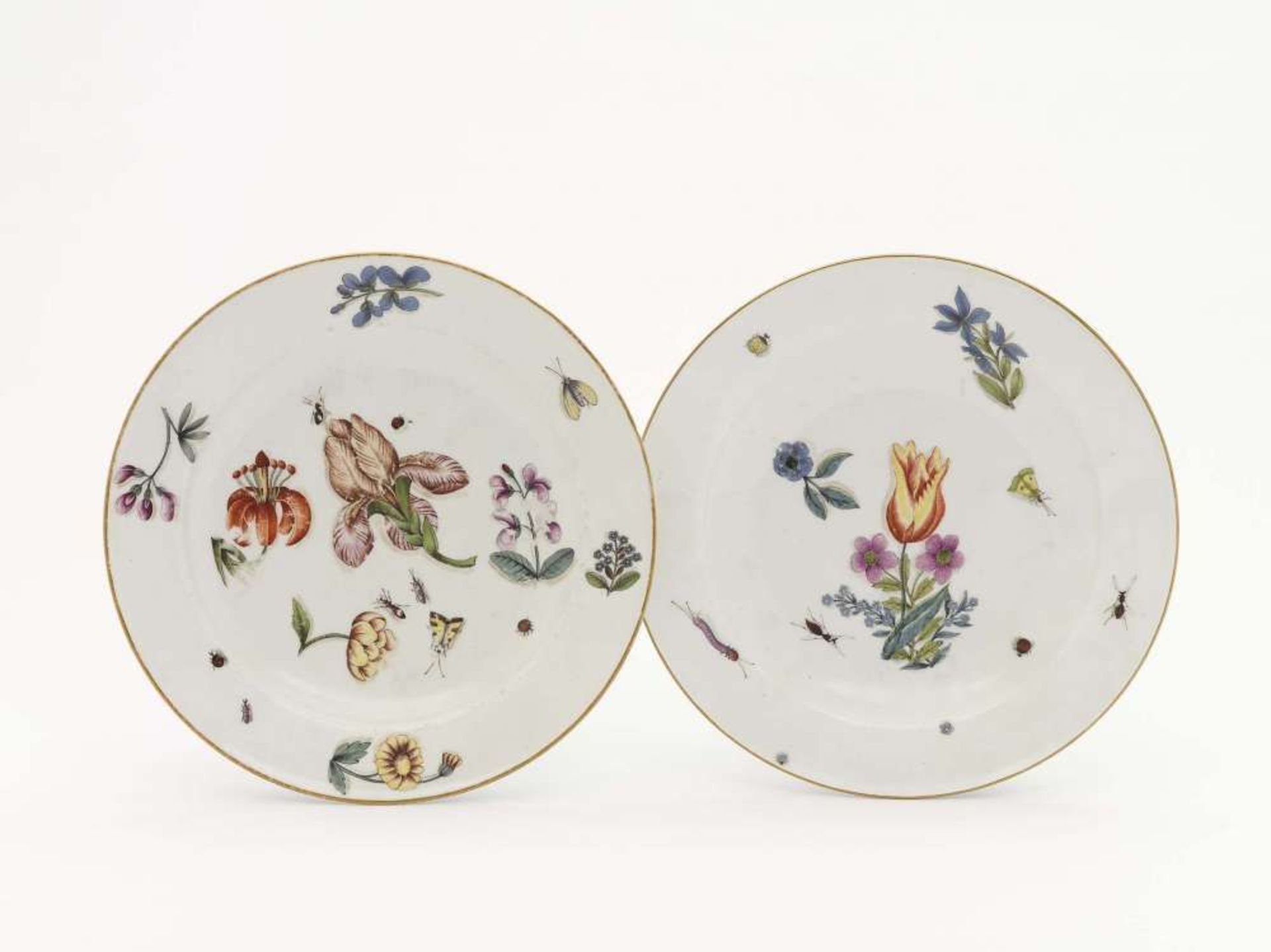Zwei Teller Meissen, um 1740   Porzellan. Bunter ombrierter Holzschnittblumen- und Insektendekor.