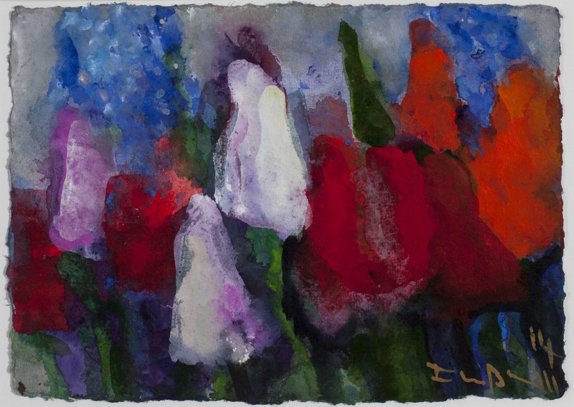 Fußmann, Klaus1938 Velbert - lebt in Berlin und GeltingTulpen und Vergissmeinnicht. 2014 Gouache auf