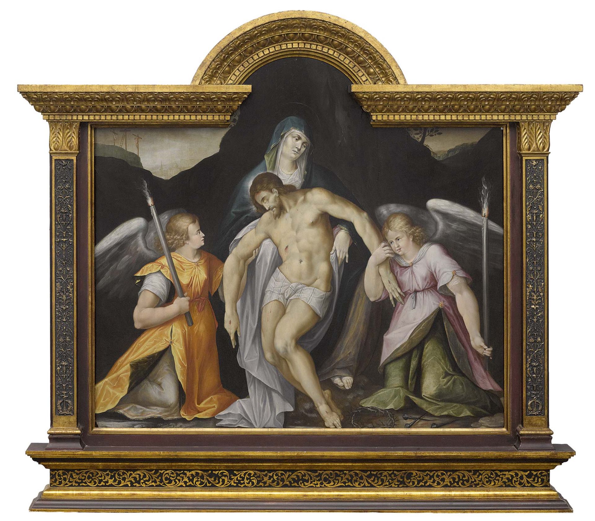 Antwerpenum 1580PietàÖl auf Holz. 161,5 x 170,5 cm. Besch. Rest. Geschnitzter und vergoldeter