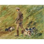 Liebermann, Max1847 Berlin - 1935 ebenda"Jäger in den Dünen - Trainer mit Hunden". 1913 Öl auf