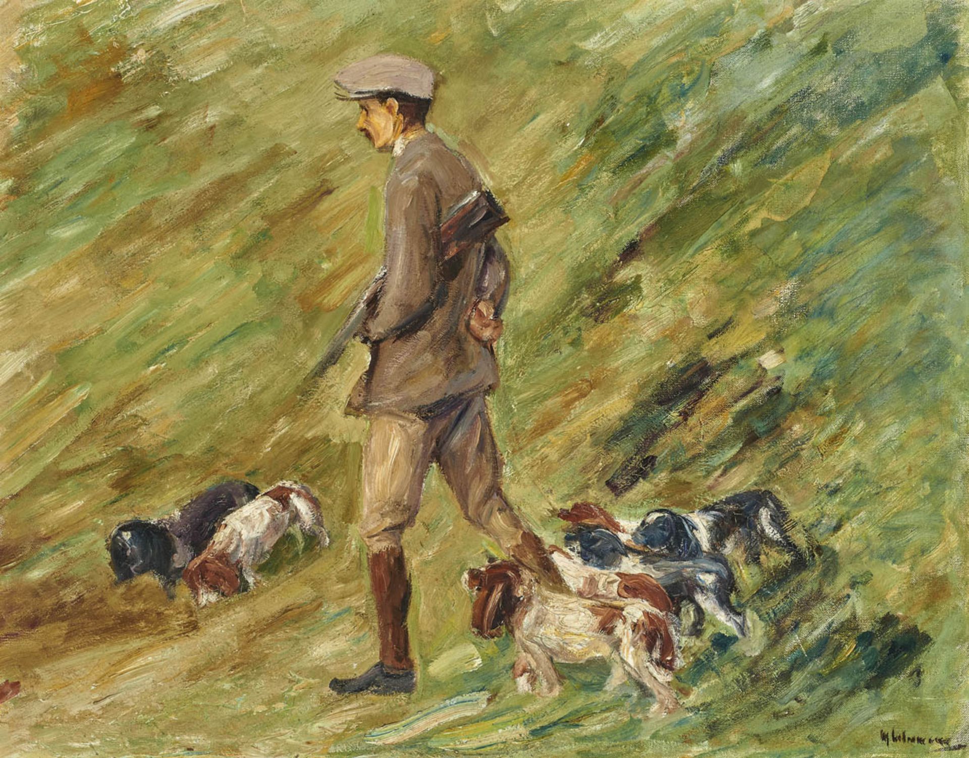 Liebermann, Max1847 Berlin - 1935 ebenda"Jäger in den Dünen - Trainer mit Hunden". 1913 Öl auf