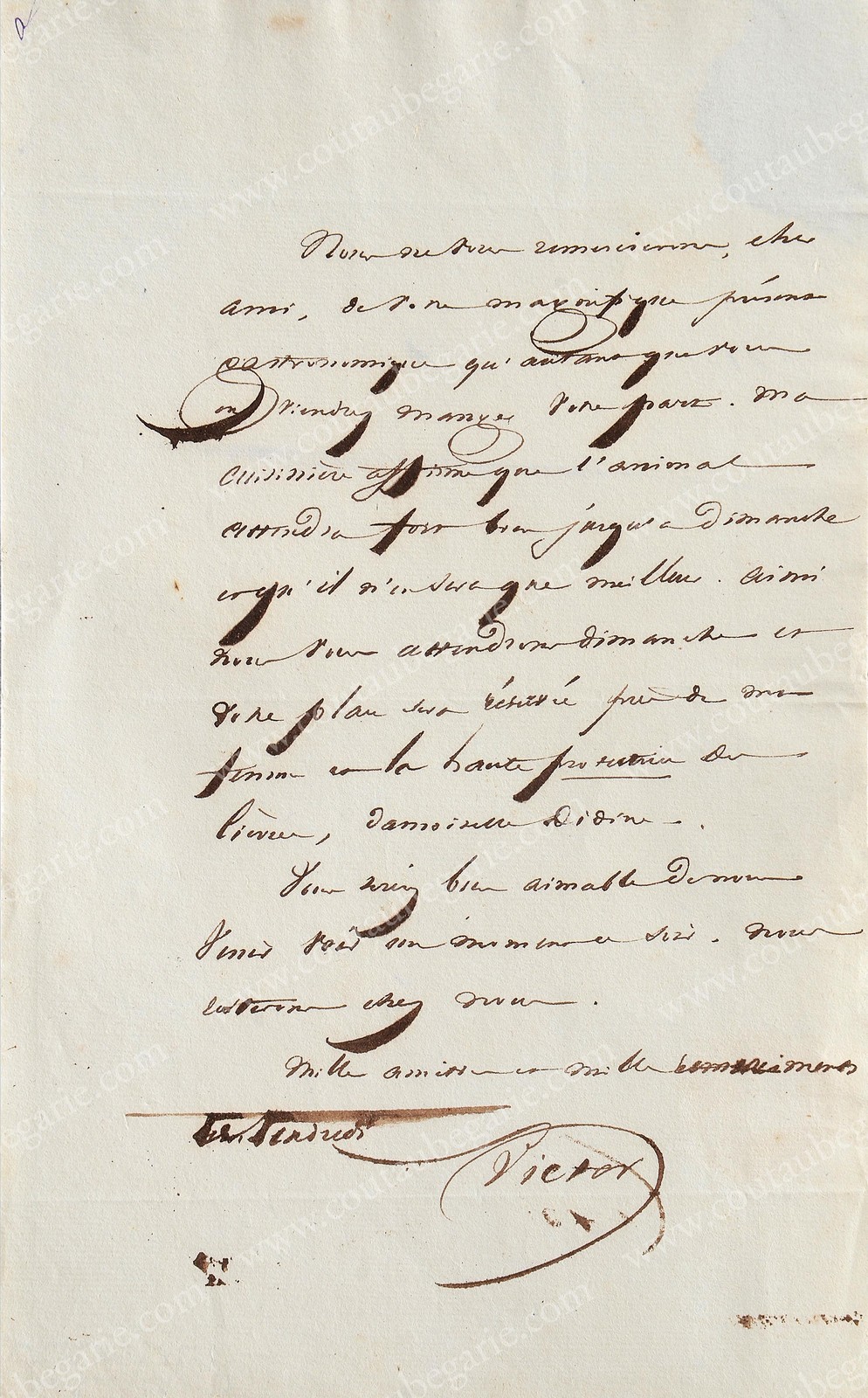 HUGO Victor (1802-1885). Lettre autographe signée Victor, adressée au Vicomte Alcide de