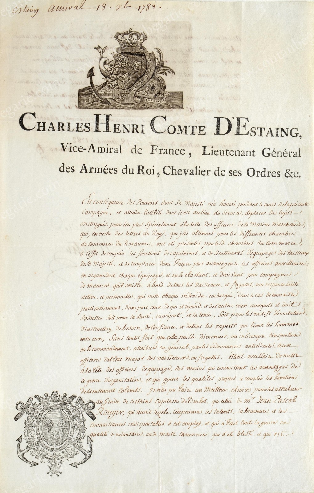 ESTAING Charles Comte d’ (1729-1794). Lettre manuscrite signée Estaing, et contresignée Martin,