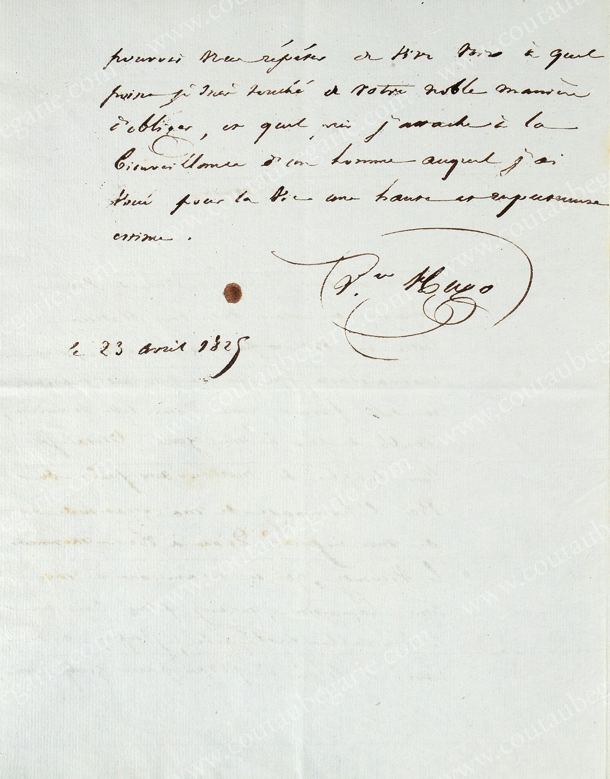 HUGO Victor (1802-1885). Lettre autographe signée V Hugo, adressée au Vicomte Sosthène de la - Image 2 of 2