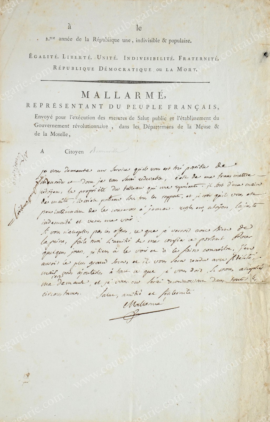 MALLARME René-François (1755-1835). Lettre autographe signée Mallarmé adressée à Monsieur Bonneville